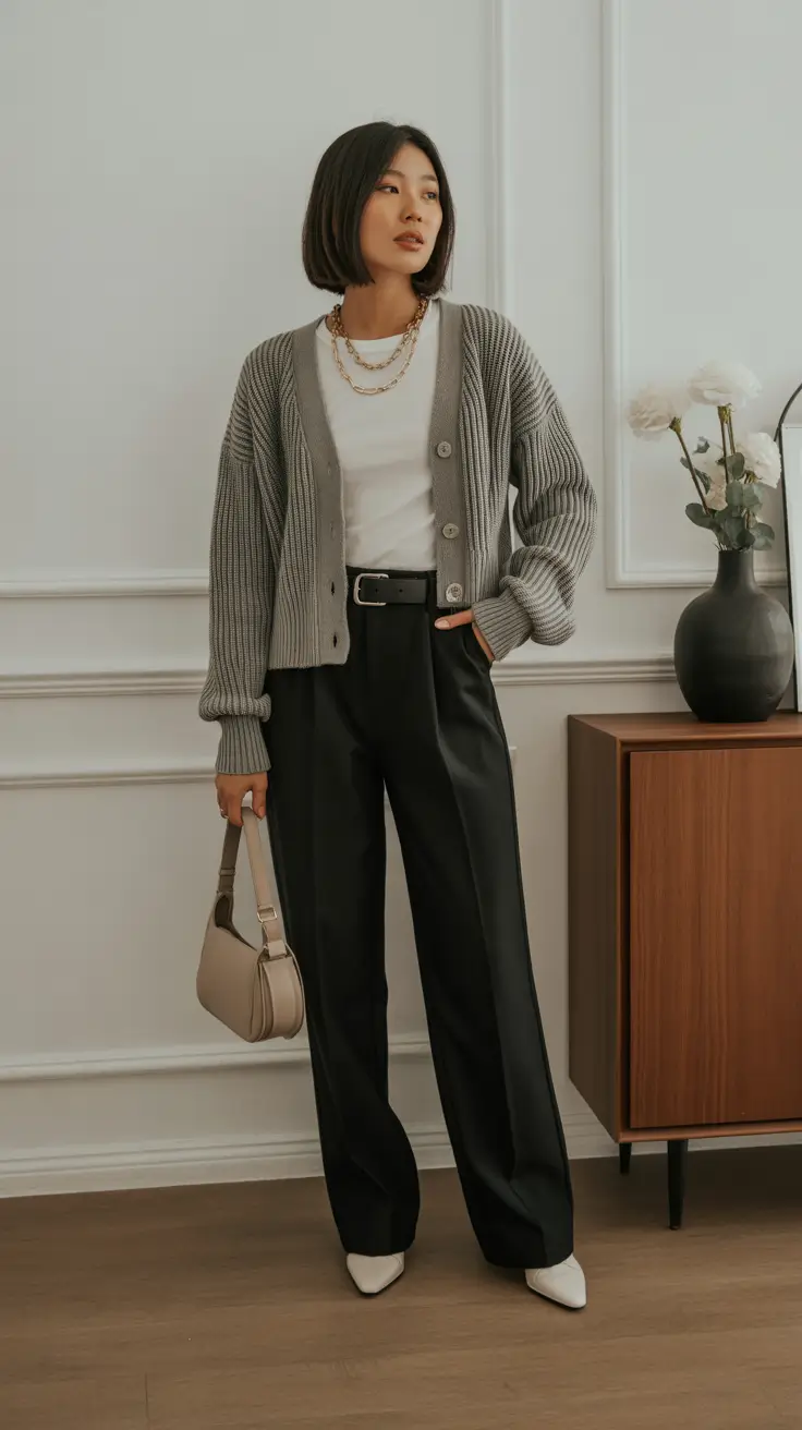 spring teacher outfits 2026 Soft Cardigan with Black Pants for Chilly Mornings
