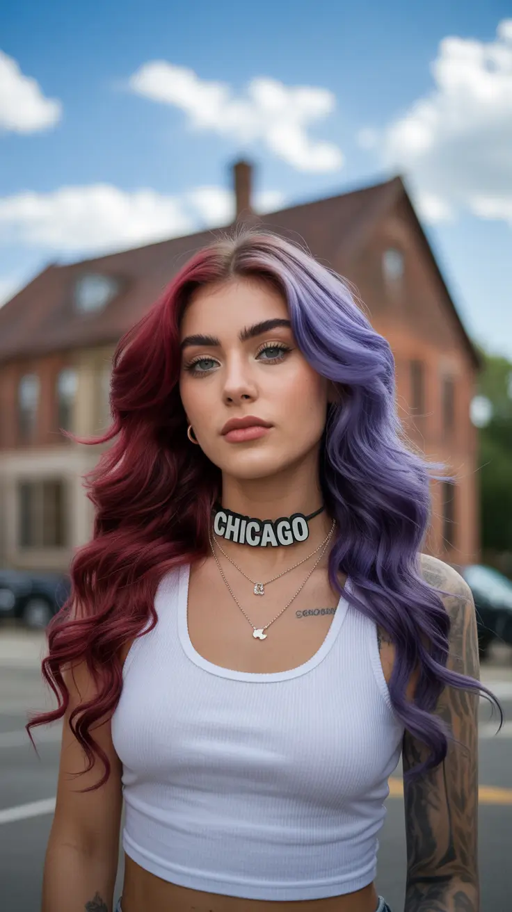 spring maroon hair color 2026 Two-Tone Maroon and Purple City Girl Energy