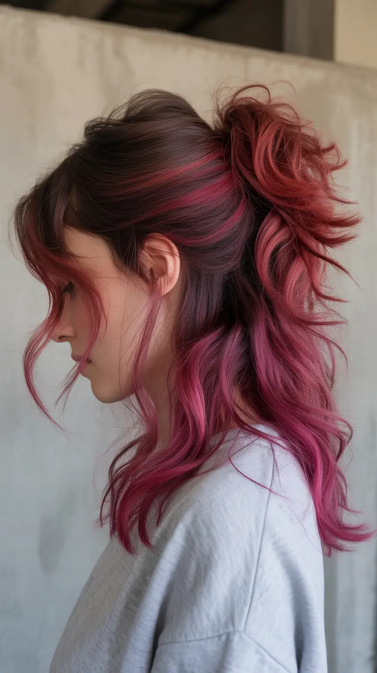 spring maroon hair color 2026 Messy Updo With Burgundy Highlights