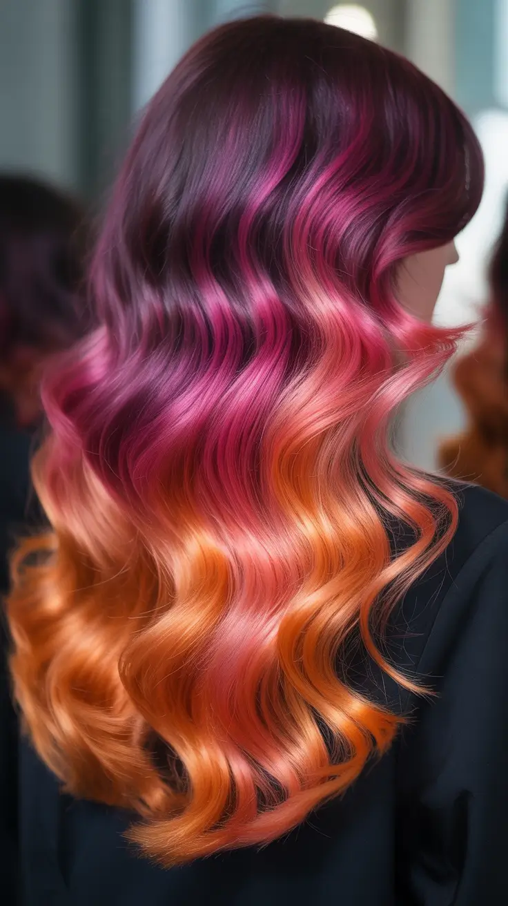 spring maroon hair color 2026 Glossy Burgundy Dark Waves With Fiery Ends