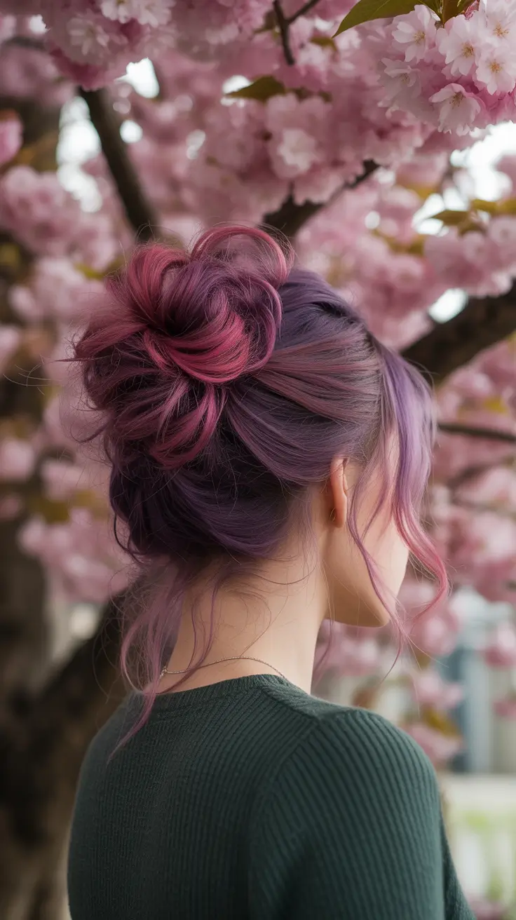 spring maroon hair color 2026 Purple Bun Light