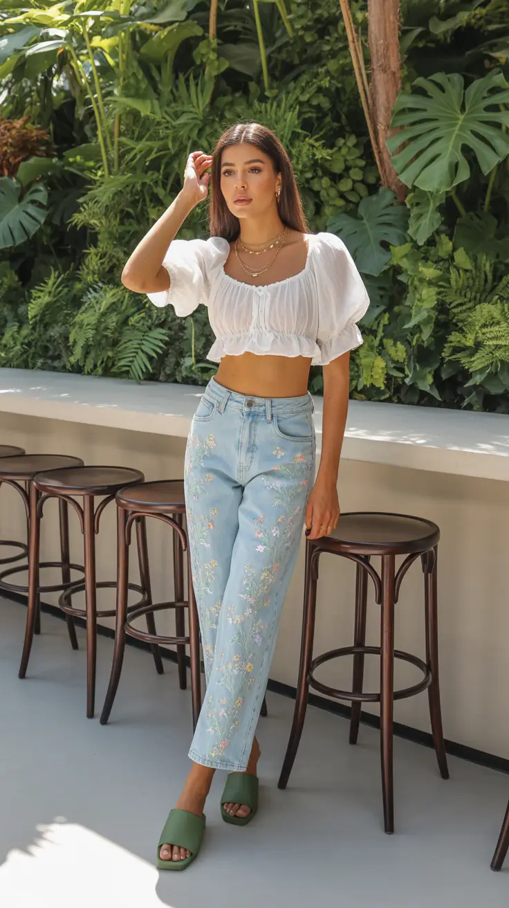 Every Day Spring Outfits 2026 White Peasant Top With Embroidered Denim