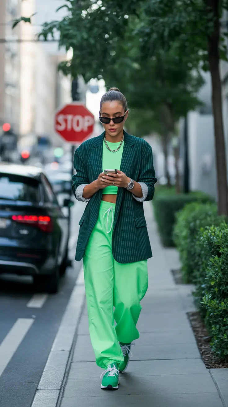 Every Day Spring Outfits 2026 Pinstripe Blazer Over Sporty Lime Set