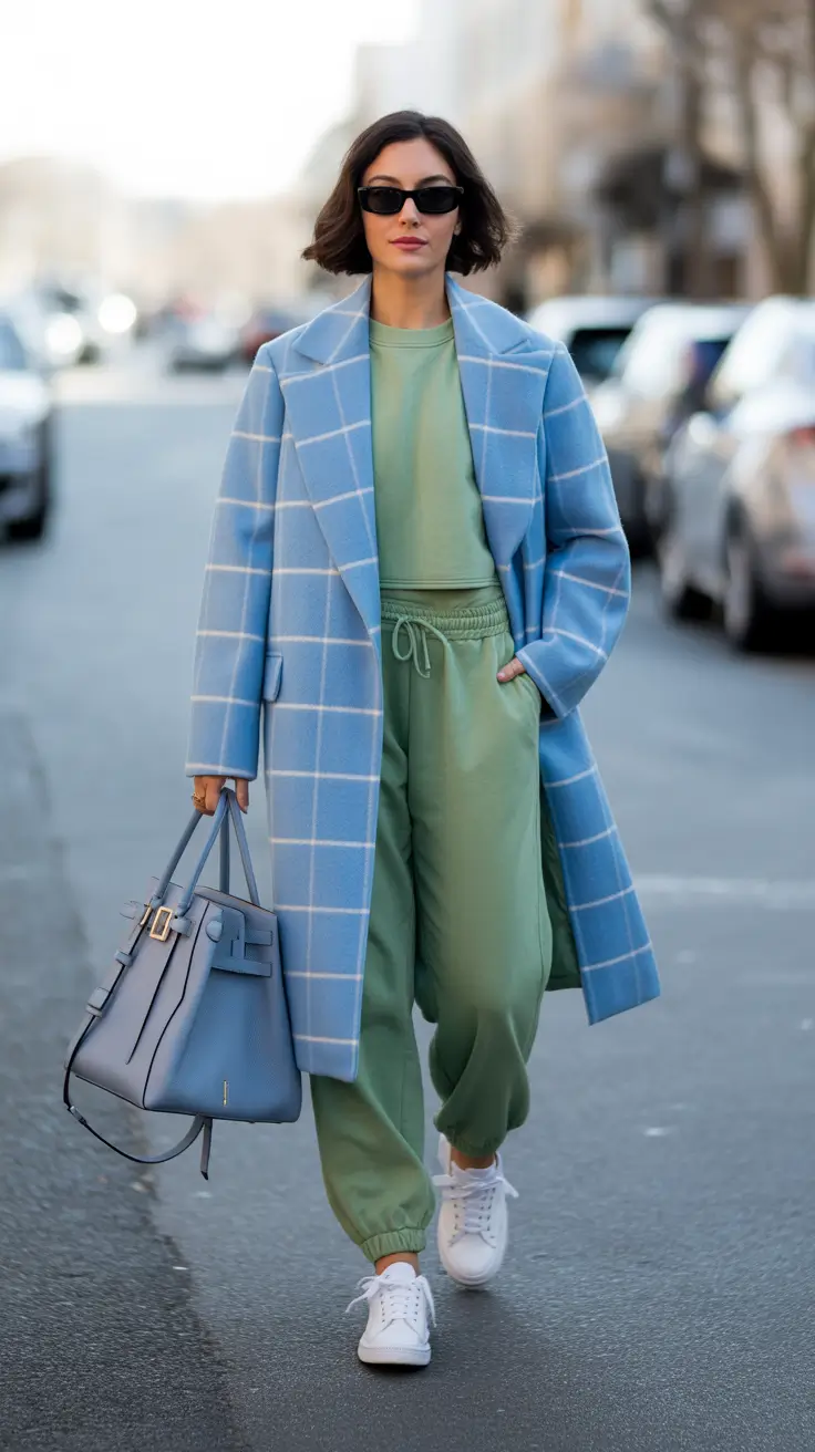 Every Day Spring Outfits 2026 Pastel Coat Over a Sporty Green Set