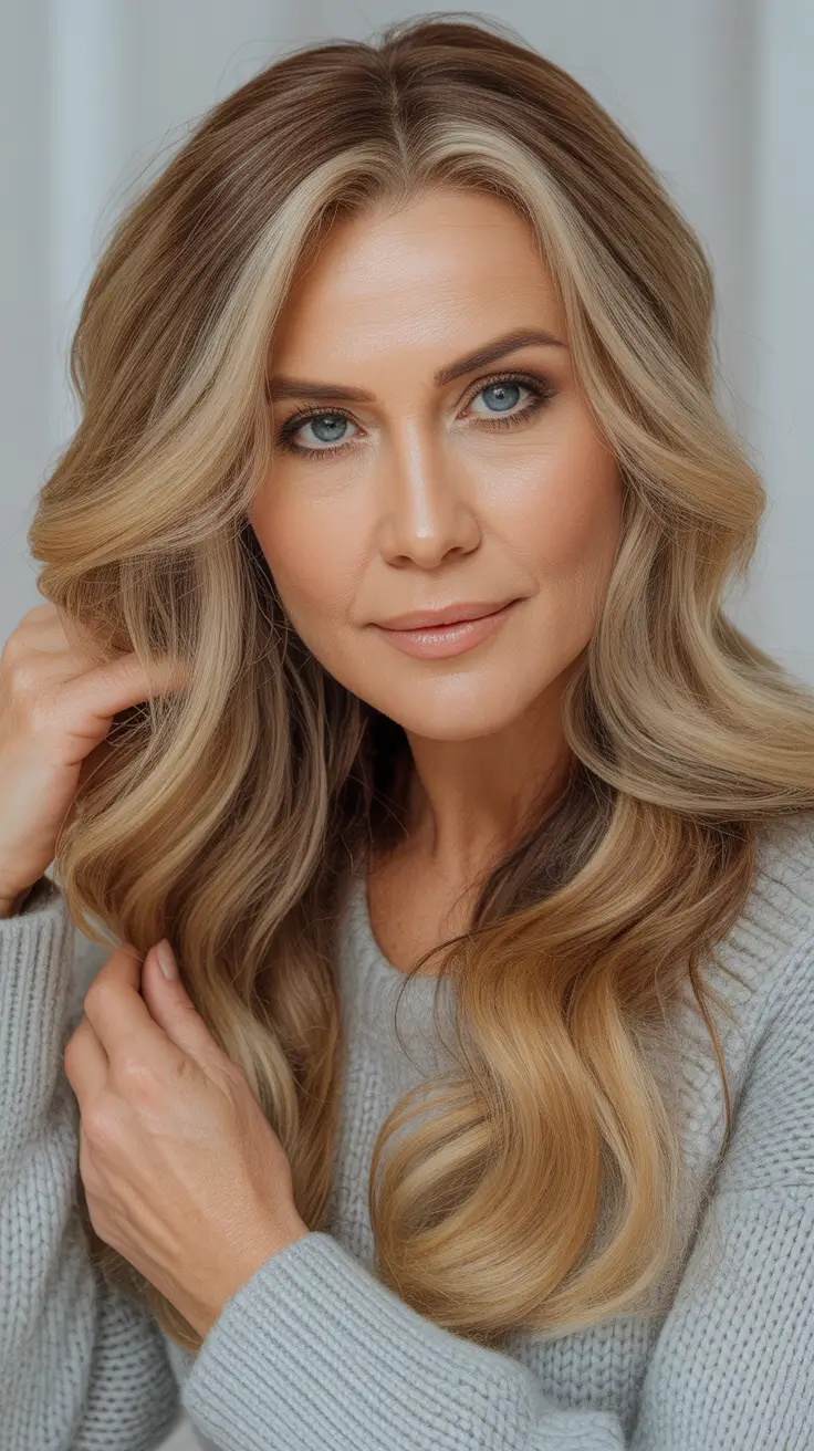 Haircut Ideas 2026 Warm Bronde Waves with Bright Face Frame