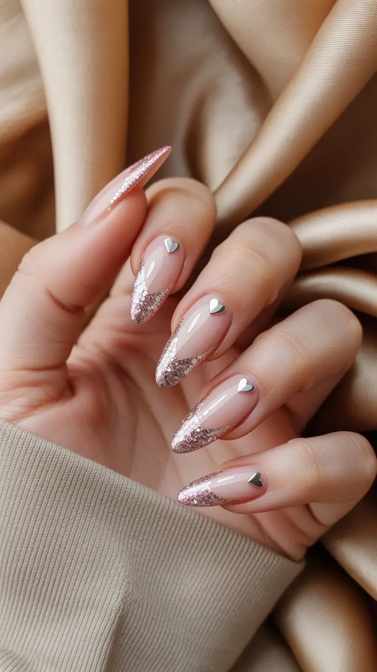 February Nails Designs 2026 Champagne Glitter Heart French