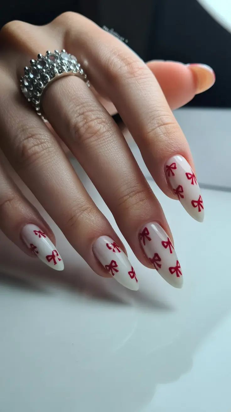 February Nails Designs 2026 Red Bow Nails