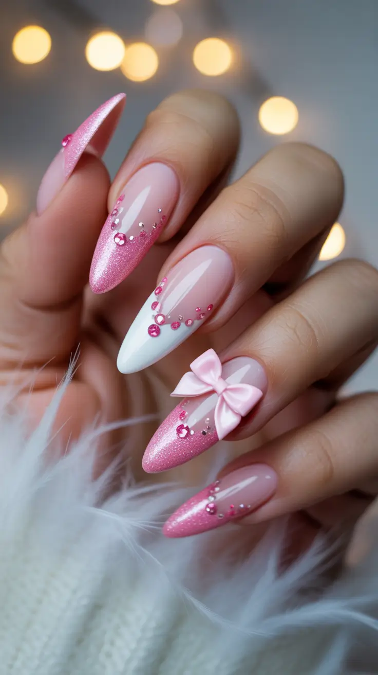 February Nails Designs 2026 Pink Glam Bow Nails