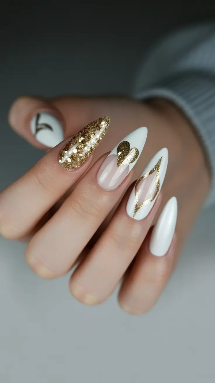 February Nails Designs 2026 White Gold Heart Nails