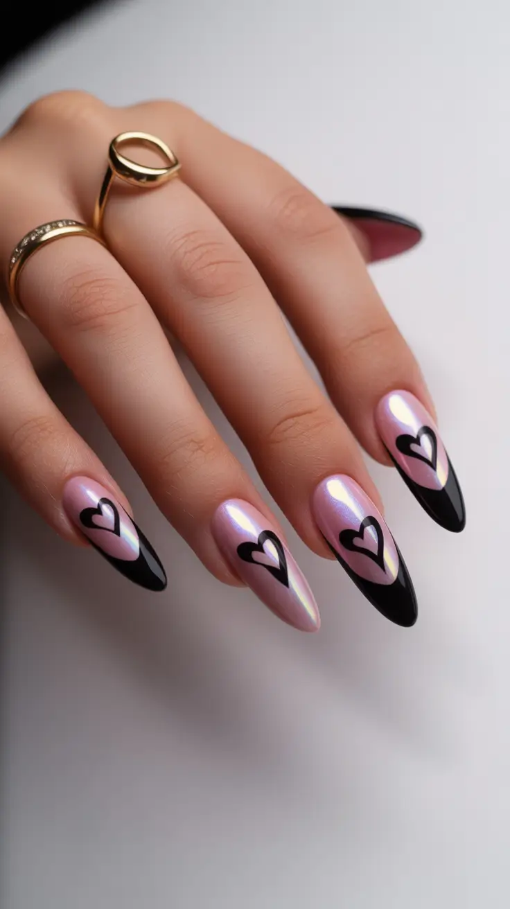 February Nails Designs 2026 Black Heart Chrome Nails