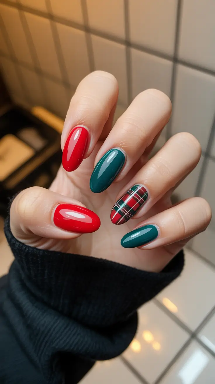 February Nails Designs 2026 Red Green Plaid Nails