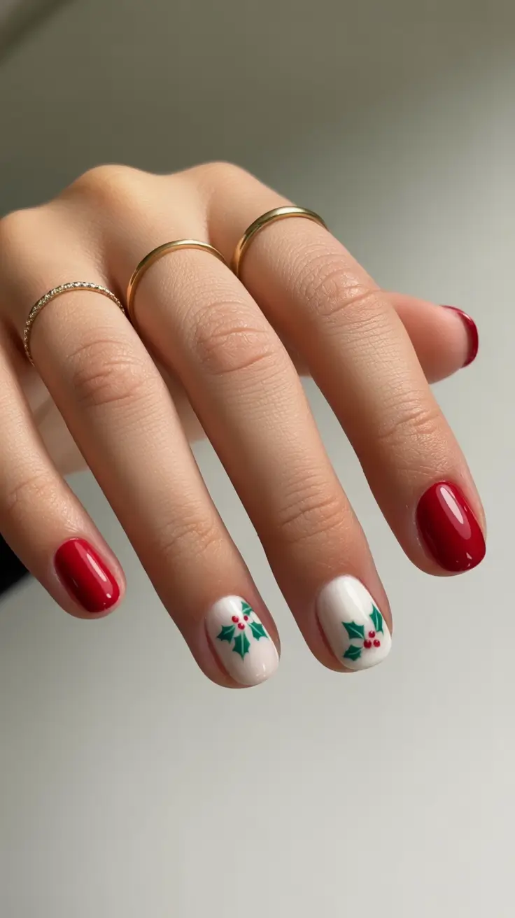 February Nails Designs 2026 Short Red Holly Nails