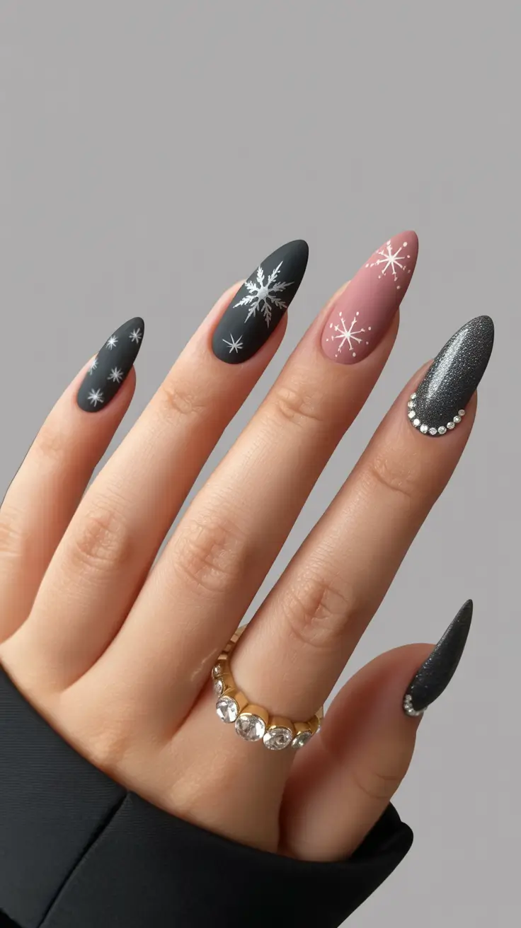 February Nails Designs 2026 Matte Black Snowflake Nails