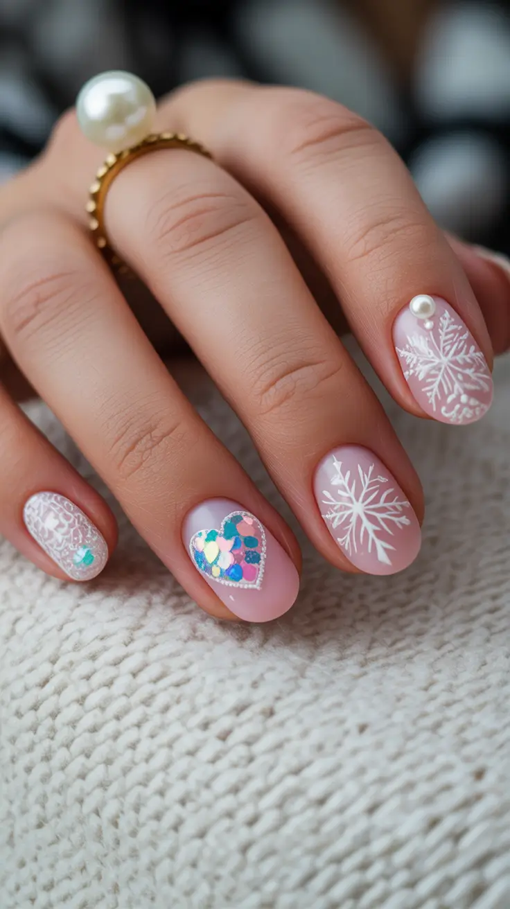 February Nails Designs 2026 Pink Snowflake Heart Nails