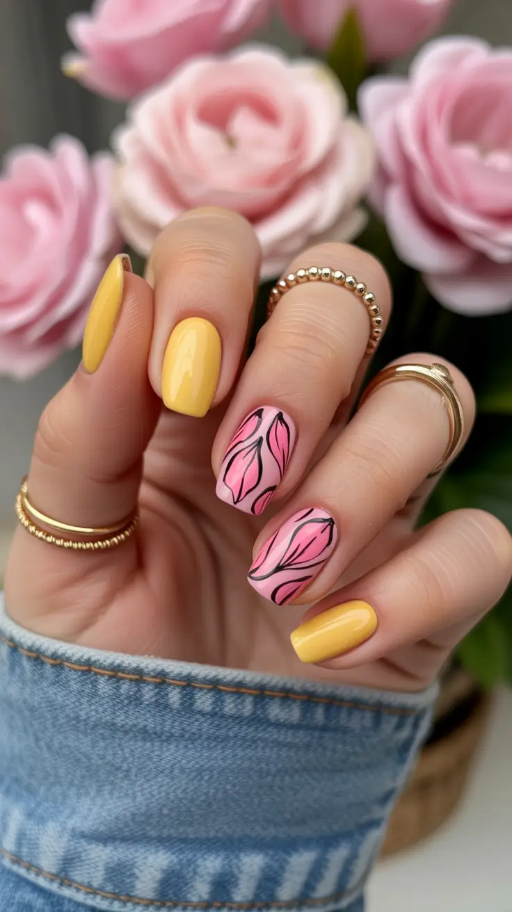 February Nails Designs 2026 Yellow Pink Floral Nails