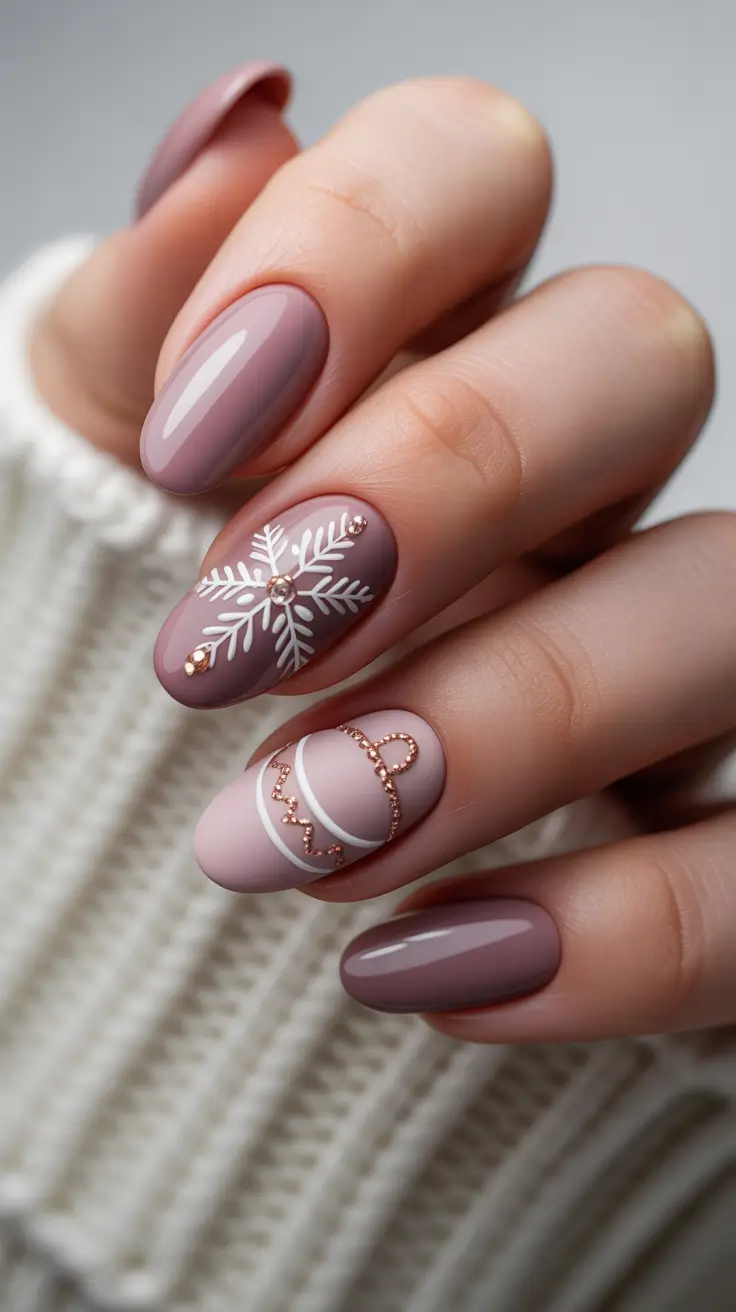 February Nails Designs 2026 Mauve Snowflake Nails