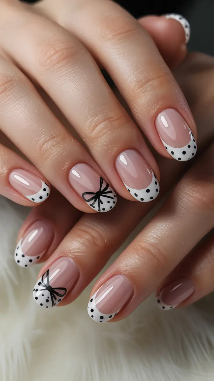February Nails Designs 2026 Polka Dot French Bow Nails