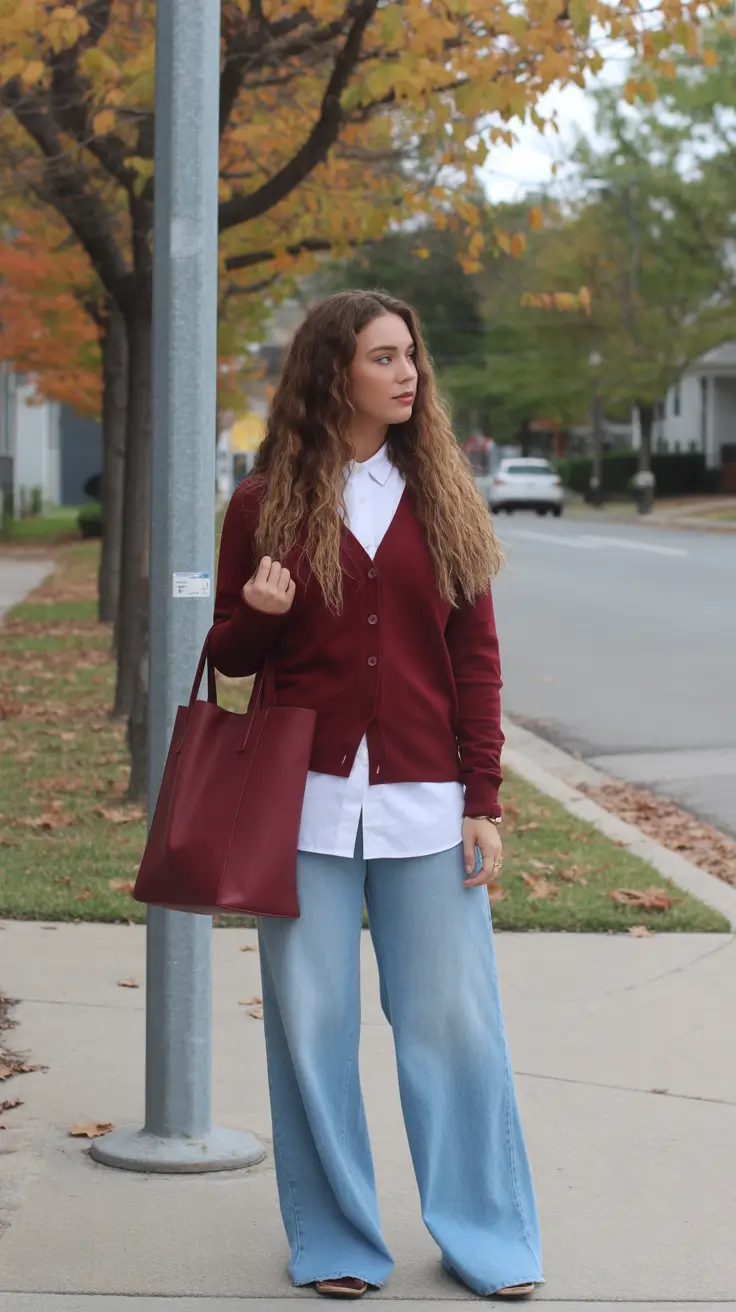 outfits ideas 2026 Preppy Layers with Wide Leg Denim