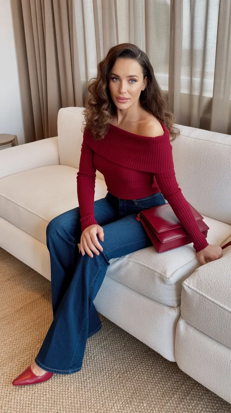 outfits ideas 2026 Wine Red Off Shoulder Knit with Flared Denim