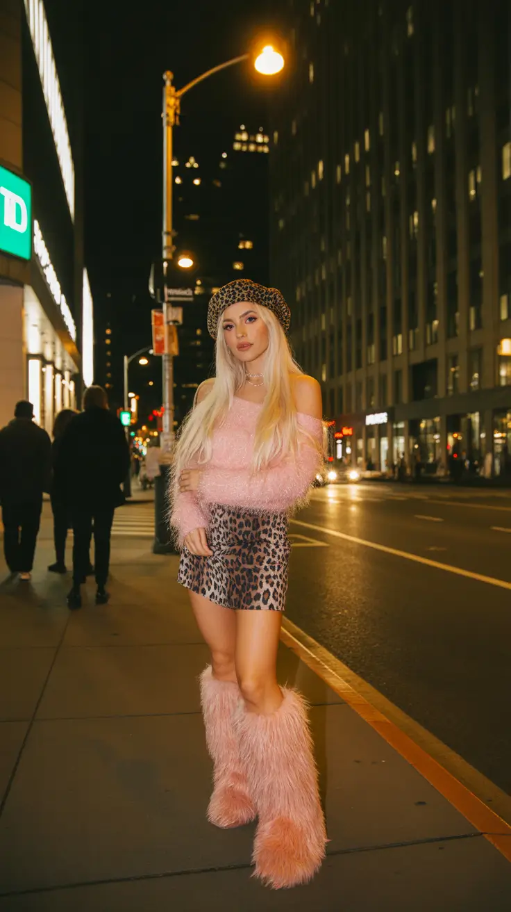 outfits ideas 2026 Pink Fuzzy Streetwear for a Playful Night Out