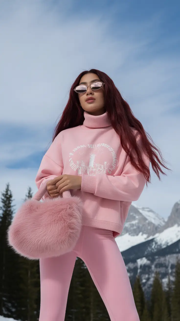 outfits ideas 2026 Monochrome Pink Athleisure for Winter Getaways