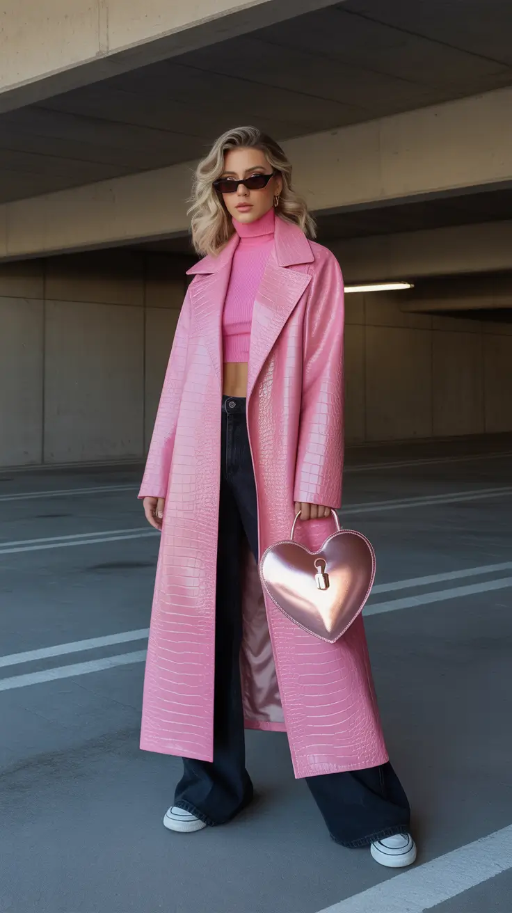 outfits ideas 2026 Pink Coat with Heart Bag for Fun Street Glam