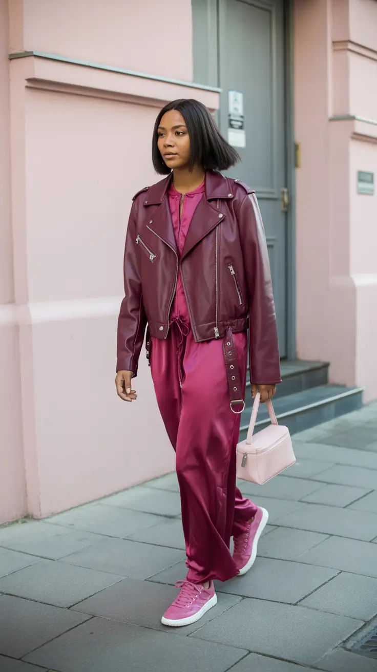 outfits ideas 2026 Magenta Satin and Burgundy Leather for City Cool