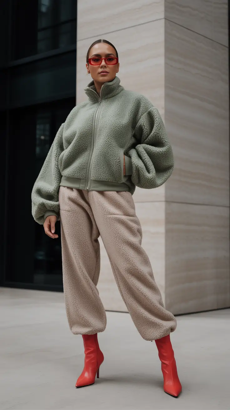 midsize spring outfits 2026 Fleece Set With Red Boots Statement