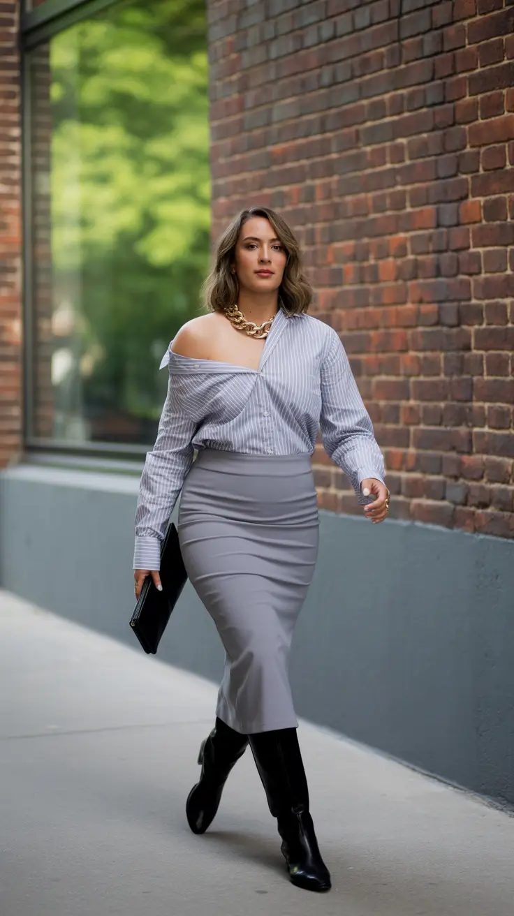 midsize spring outfits 2026 Off Shoulder Shirt and Sleek Skirt Energy