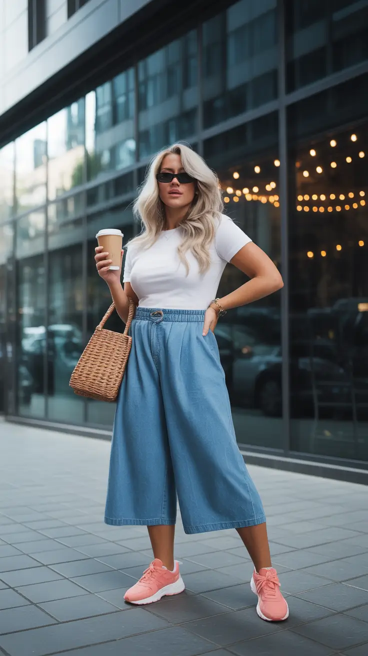 midsize spring outfits 2026 Easy Denim Culottes for City Days
