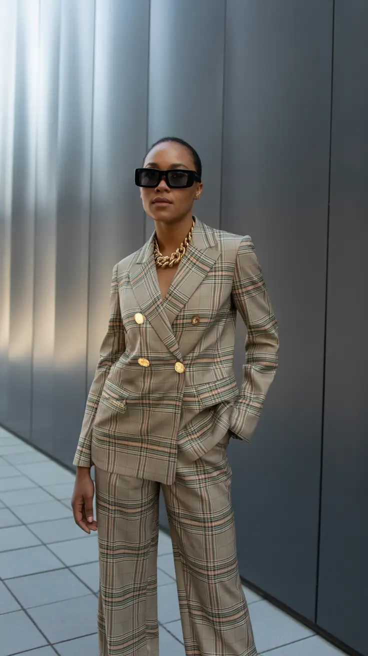 modest spring outfits 2026 Plaid Suiting With Gold Details