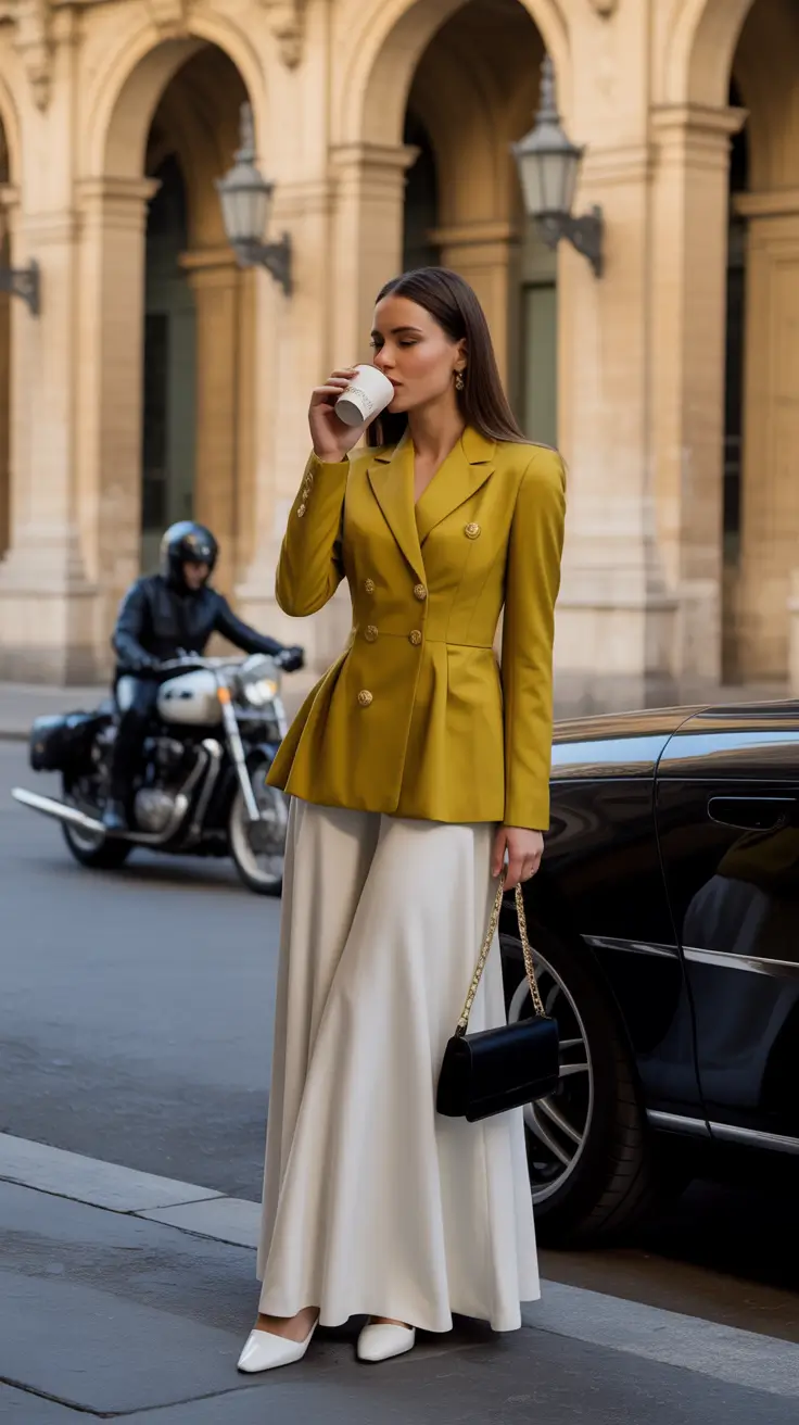 modest spring outfits 2026 Olive Blazer With a Flowing Satin Skirt