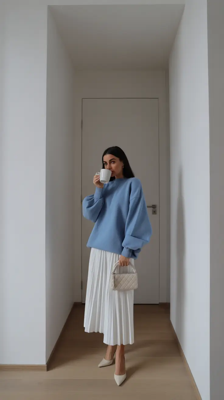 modest spring outfits 2026 Calm Blue Layers With a Pleated Skirt