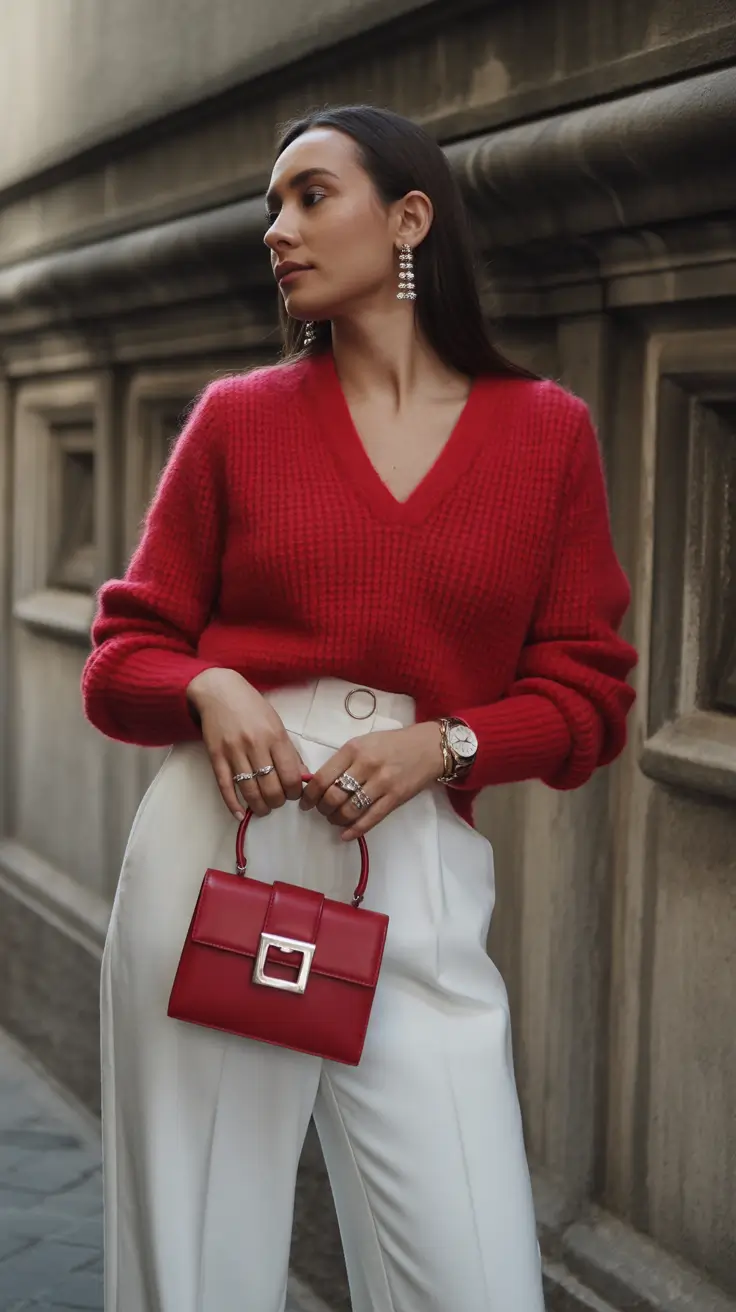 modest spring outfits 2026 Red Knit With White Pants for Easy Elegance