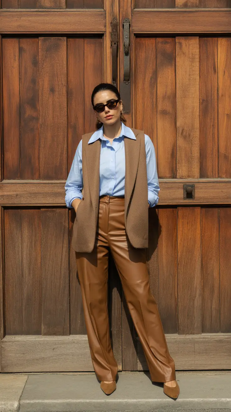 modest spring outfits 2026 Soft Blue Shirt With a Long Neutral Vest