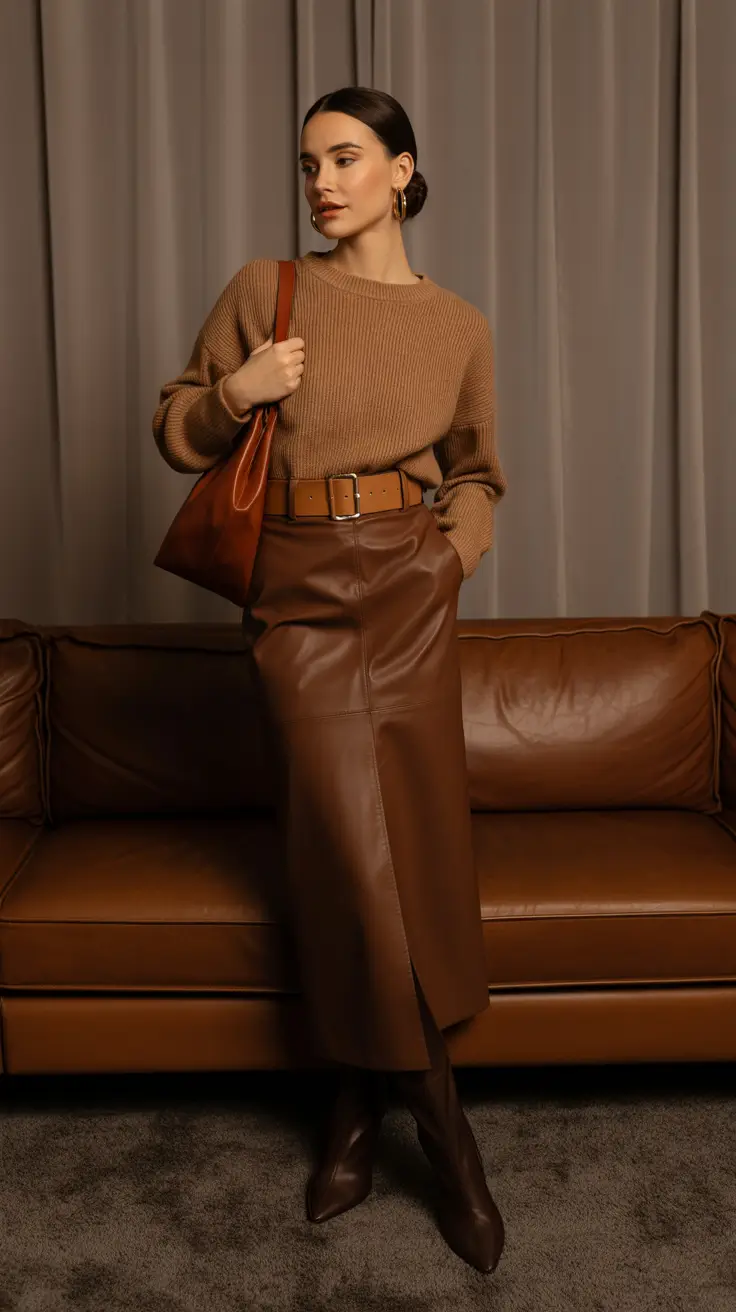 modest spring outfits 2026 Monochrome Brown With a Leather Midi Skirt