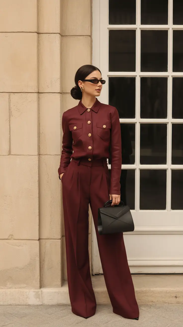modest spring outfits 2026 Burgundy Button Set With Tailored Pants