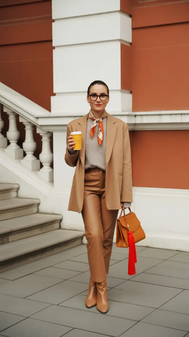 modest spring outfits 2026 Tan Blazer With a Scarf and Leather Pants