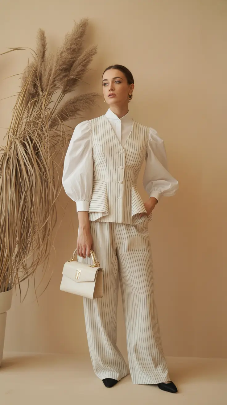 modest spring outfits 2026 Pinstripe Power Set for Soft Spring Days