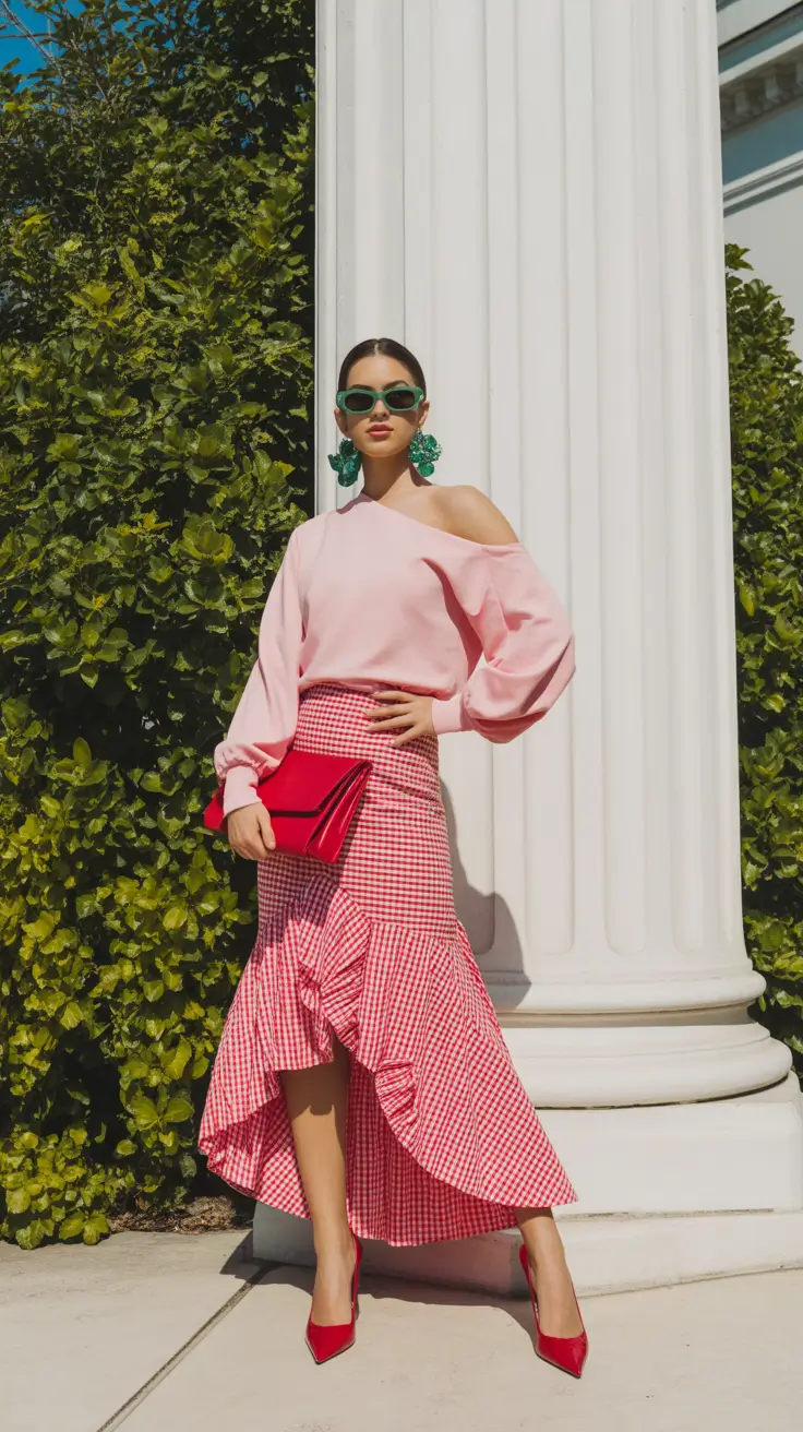 modest spring outfits 2026 Pink Gingham Drama With a Modest Twist