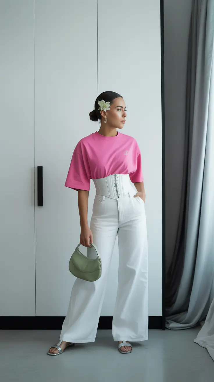 modest spring outfits 2026 Clean White Pants With a Pop Pink Top