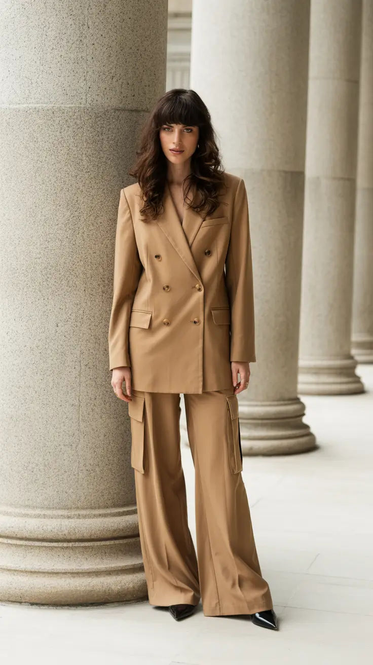 old money spring outfits 2026 Monochrome Camel Suit With Dramatic Ease