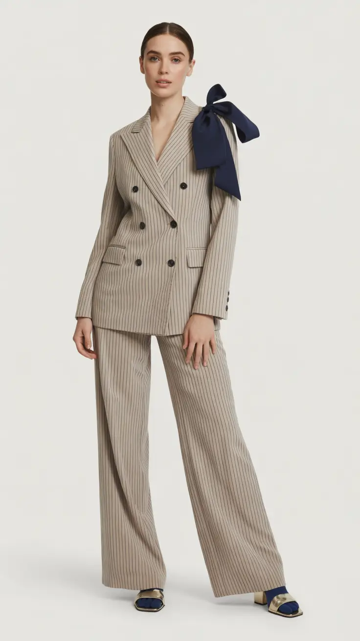 old money spring outfits 2026 Pinstripe Suiting With a Navy Bow