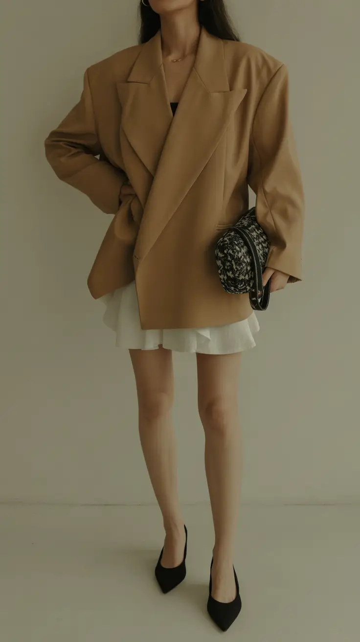 old money spring outfits 2026 Camel Blazer and Baby-Doll Balance