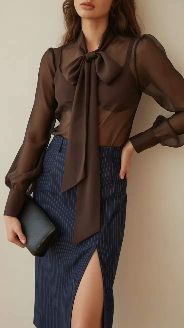 old money spring outfits 2026 Sheer Bow Blouse With Dramatic Pinstripes