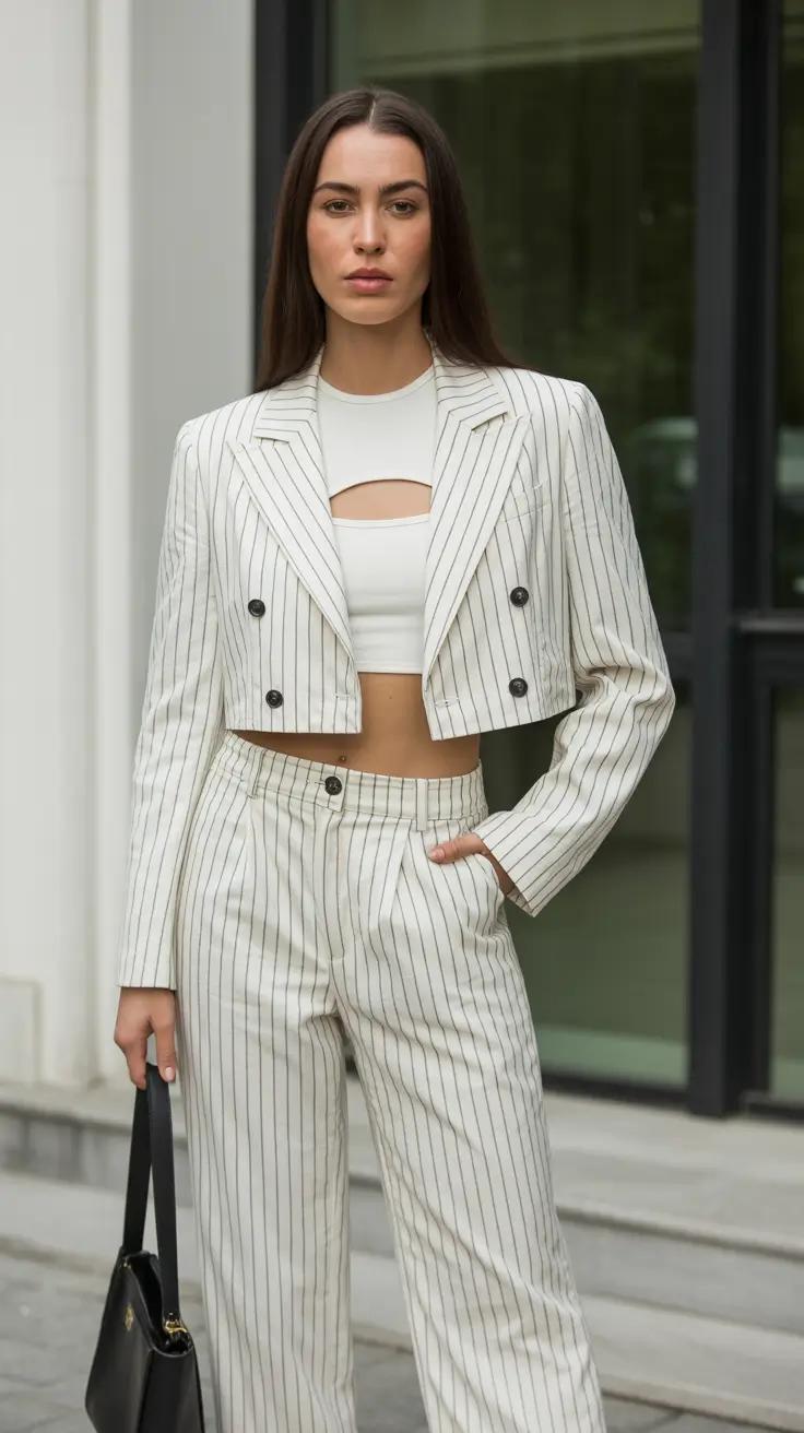old money spring outfits 2026 White Pinstripes With a Modern Crop