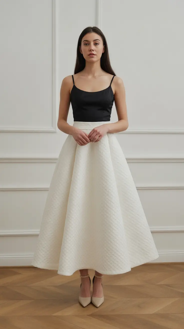 old money spring outfits 2026 White Ball Skirt and Minimal Black Top