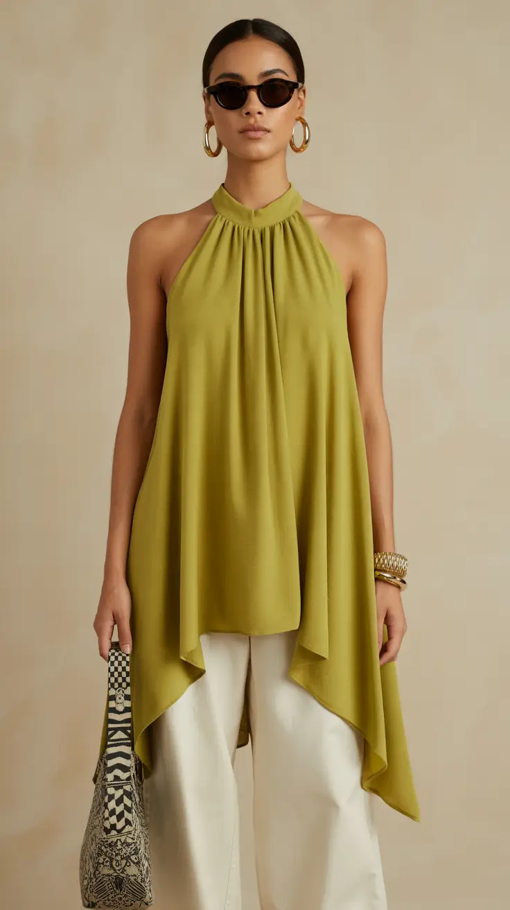 old money spring outfits 2026 Olive Halter Top and Minimal White Pants