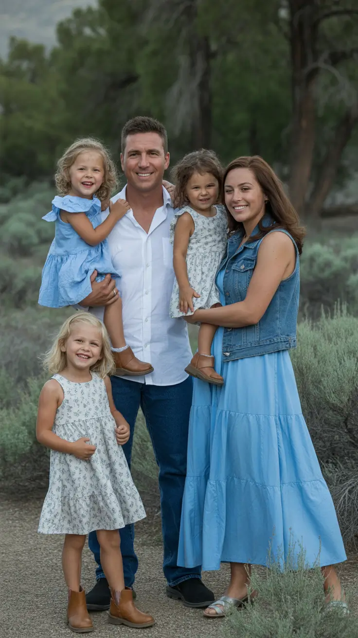 spring family pictures outfits 2026 Denim and Blue Layered Family Harmony
