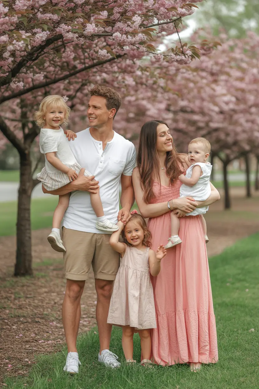 spring family pictures outfits 2026 Cherry Blossom Pink With Soft Neutrals